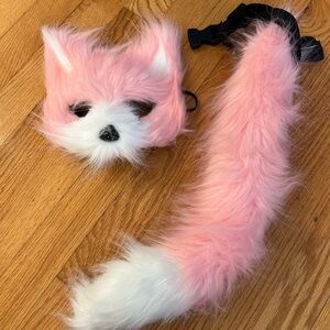Pink and White Furry Fox Mask and Tail Set